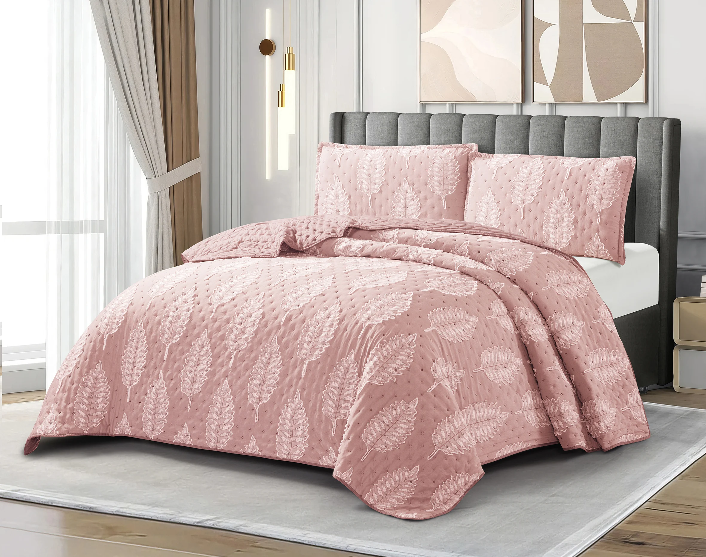 Cubrecamas de verano turfting (1,5 y 2 plazas y king) -hoja- Color rosado